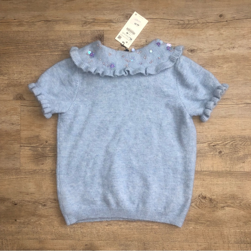 Zara Light Blue Ruffled Collar Top - Picture 4 of 11